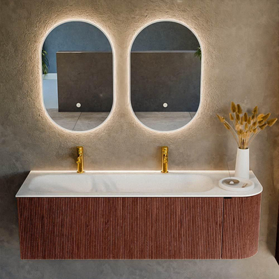 Mondiaz KURVE Ensemble de meuble de salle de bains - 145x46x40cm - 1 tiroir - 1 porte - lavabo solid surface - gauche - 2 trous de robinet - Ruby