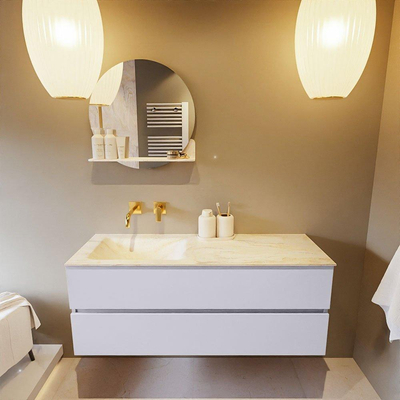 Mondiaz VICA-DLUX Ensemble de meuble de salle de bain - 130cm - meuble sous-vasque cale - 2 tiroirs - lavabo encastré cloud gauche - sans trous de robinet - version haute de 60cm - ostra