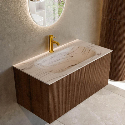 MONDIAZ KURVE-DLUX 90cm badmeubel kleur Walnut met 1 lade en 0 deuren. Wastafel BIG SMALL Midden 1 kraangat Nata.