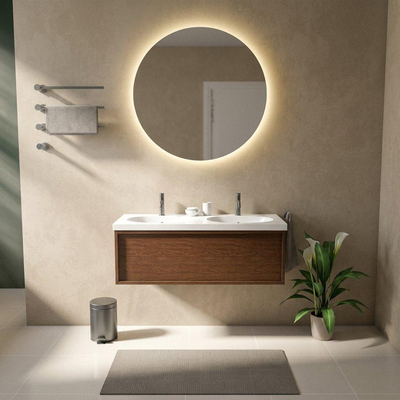 Saniclass Holz Frame Ensemble meuble de salle de bains - 120x45x43.5cm - lavabo en céramique Palermo blanc - 2 vasques - 2 trous de robinetterie - 1 tiroir - walnut pure mat (bois)