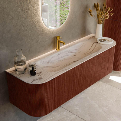 MONDIAZ KURVE-DLUX 150cm badmeubel ronding Links + Rechts kleur Ruby met 1 lade en 2 deuren. Wastafel BIG MEDIUM Midden 1 kraangat Nata.