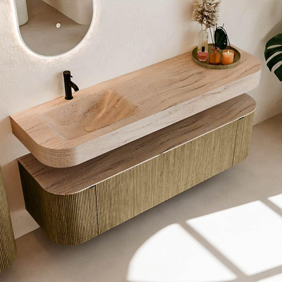 MONDIAZ THOR-DLUX Meuble de salle de bains 160cm arrondi gauche + droite couleur Dusk avec 1 tiroir et 2 portes. Vasque suspendue CLOUD Gauche 1 trou de robinet couleur Saba.