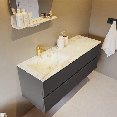 Mondiaz VICA-DLUX ensemble de meuble de salle de bain - 130cm - meuble sous-vasque gris foncé - 4 tiroirs - lavabo encastré cloud gauche - 1 trou de robinet - version haute de 60cm - frape