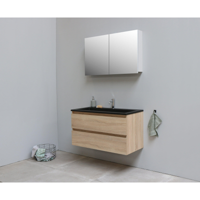 Basic Bella Meuble salle de bains avec lavabo acrylique Noir avec armoire toilette 2 portes gris 100x55x46cm 1 trou de robinet Chêne