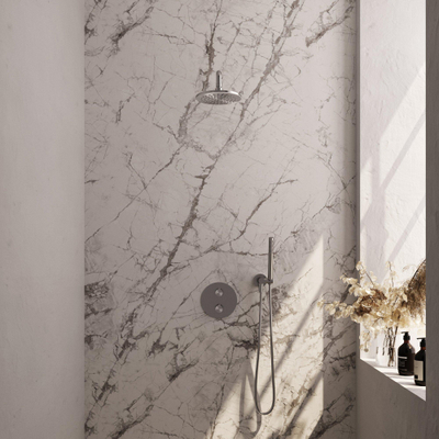 BRAUER Édition Brossée douche à l'italienne thermostatique encastrée - 3 voies - rond - ensemble 75 - douche principale de 20 cm - bras mural courbé - douchette à main - flexible de douche - coude mural - inox brossé PVD