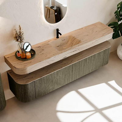 MONDIAZ THOR-DLUX Meuble de salle de bains - 200cm - arrondi gauche + droite - couleur Shadow - 2 tiroirs - 2 portes - Vasque suspendue CLOUD Milieu 1 trou de robinet couleur Arena