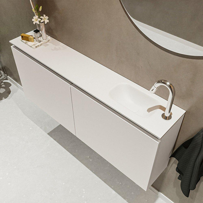 MONDIAZ TURE Kit lave-mains - 120x23x50cm - 1 trou de robinet - 2 portes - lin mat - Lavabo à droite - Solid Surface Blanc