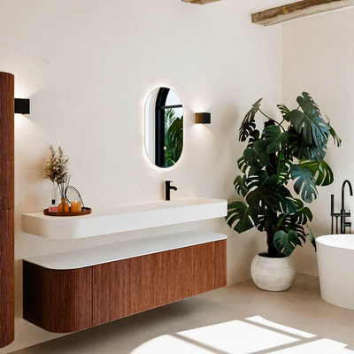 MONDIAZ THOR 170cm meuble de salle de bains arrondi gauche + droite couleur Ruby avec 1 tiroir et 2 portes. Vasque suspendue CLOUD Droite 1 trou de robinet couleur Talc.