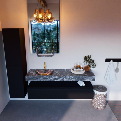 Mondiaz ALAN-DLUX Ensemble de meuble - 150cm - meuble - Urban mat - 1 tiroir - Lavabo Cloud Lava suspendu - vasque gauche - 1 trou de robinet - Noir