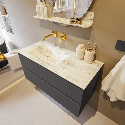 Mondiaz VICA-DLUX ensemble de meuble de salle de bain - 100cm - meuble sous-vasque gris foncé - 2 tiroirs - lavabo encastré cloud gauche - sans trous de robinet - version haute de 60cm - glace