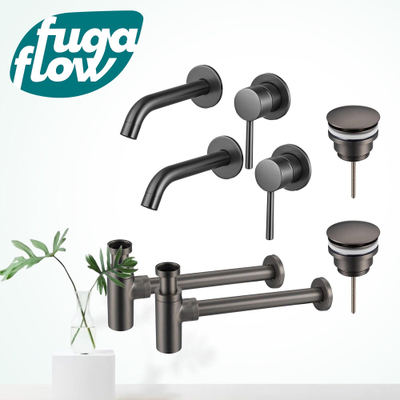 FugaFlow Eccelente Sobrado Badkamer Wastafelkraanset - voor dubbele wastafel - inbouw wastafelkraan - klikwaste plug - design sifon - PVD Gepolijst Gunmetal