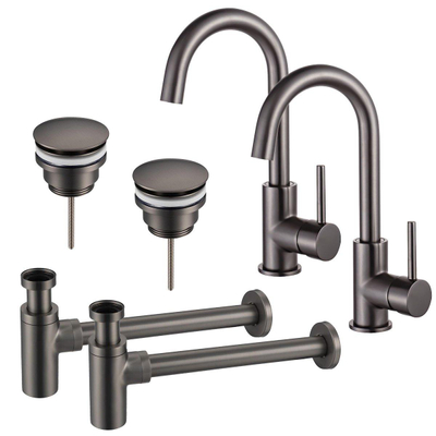 FortiFura Calvi Kit robinet lavabo - pour double vasque - robinet haut - bec rotatif - bonde clic clac - siphon design - Gunmetal PVD