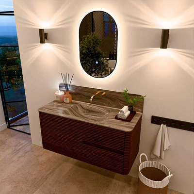 Mondiaz CIRO-DLUX Badkamermeubelset - 110x45x50cm - Solid surface wastafel Sombra - 1 wasbak Midden - zonder kraangaten - 2 lades - Ruby