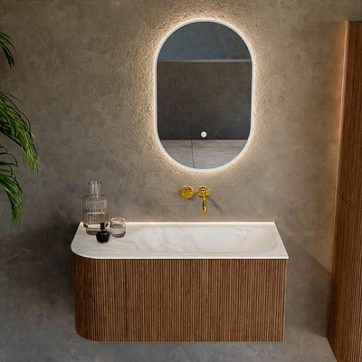 MONDIAZ KURVE-DLUX 95cm Meuble salle de bain avec module 25 G - couleur Walnut - 1 tiroir - 1 porte - vasque BIG SMALL droite - sans trou de robinet - couleur Ostra