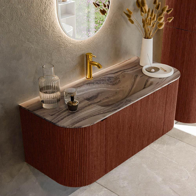 MONDIAZ KURVE-DLUX Meuble de salle de bains 110cm arrondi Gauche + Droite couleur Ruby avec 1 tiroir et 2 portes. Lavabo CLOUD Central 1 trou de robinet Sombra.