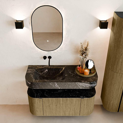 MONDIAZ THOR-DLUX Meuble de salle de bains 110cm arrondi gauche + droite couleur Dusk avec 1 tiroir et 2 portes. Vasque suspendue CLOUD Gauche sans trou de robinet couleur Lava.