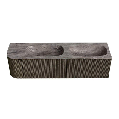MONDIAZ KURVE-DLUX Meuble de salle de bains 165cm arrondi à gauche couleur Shadow avec 2 tiroirs et 1 porte. Lavabo STOR SMALL Double / à droite sans trou de robinet Oza.