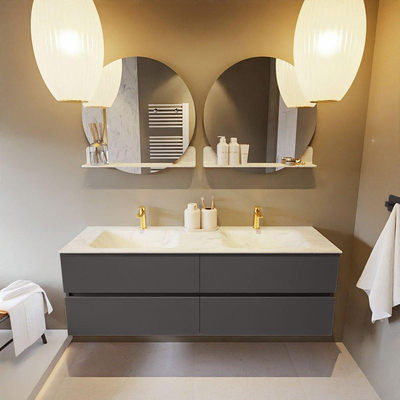 Mondiaz VICA-DLUX ensemble de meuble de salle de bain - 150cm - meuble sous-vasque gris foncé - 4 tiroirs - lavabo encastré cloud double - 2 trous de robinet - version haute de 60cm - opalo