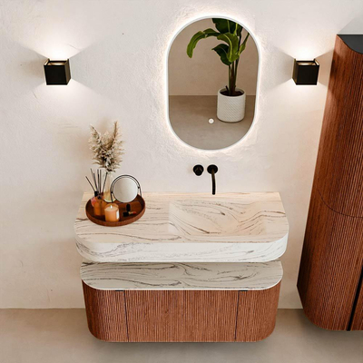 MONDIAZ THOR-DLUX Meuble de salle de bains - 110cm - arrondi gauche + droite - couleur Ruby - 1 tiroir et 2 portes - Vasque suspendue CLOUD Droite sans trou de robinet - couleur Nata