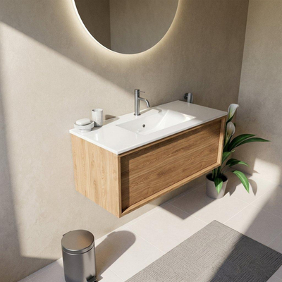 Saniclass Holz Frame Ensemble meuble de salle de bains - 100x45x42cm - Vasque en céramique Vygo blanche - 1 vasque - 1 trou de robinet - 1 tiroir - chêne natural mat (bois)