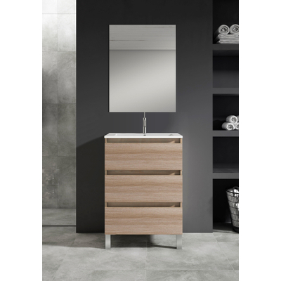 Adema Chaci PLUS Ensemble de meuble - 59.5x86x45.9cm - 1 vasque rectangulaire en céramique Blanc - 1 trou de robinet - 3 tiroirs - miroir rectangulaire - Cannelle