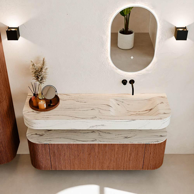 MONDIAZ THOR-DLUX 150cm meuble de salle de bains arrondi gauche + droite couleur Ruby avec 1 tiroir et 2 portes. Vasque suspendue CLOUD droite sans trou de robinet couleur Nata.