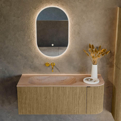 MONDIAZ KURVE-DLUX Meuble de salle de bains 115cm arrondi à droite couleur Dusk avec 1 tiroir et 1 porte. Lavabo BIG SMALL gauche sans trou de robinet Saba.