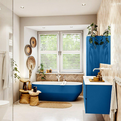 Mondiaz VICA ensemble de meuble de salle de bain - 140cm - meuble sous-vasque jeans - 2 tiroirs - lavabo moon gauche - sans trous de robinet - couleur talc - miroir LED - version XL 60cm de haut