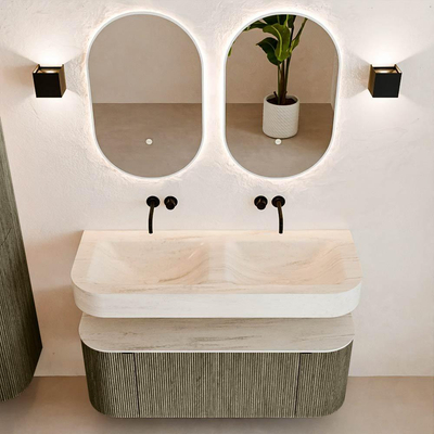 MONDIAZ THOR-DLUX 120cm meuble de salle de bains arrondi gauche + droite couleur Shadow avec 1 tiroir et 2 portes. Vasque suspendue CLOUD Double sans trou de robinet couleur Meli.