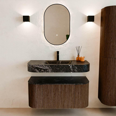 MONDIAZ THOR-DLUX 100cm badmeubel ronding links + rechts kleur Walnut met 1 lade en 2 deuren. Vrijhangende wastafel CLOUD Midden 1 kraangat kleur Lava.