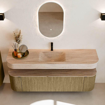 MONDIAZ THOR-DLUX Meuble de salle de bains 170cm arrondi gauche + droite couleur Dusk avec 1 tiroir et 2 portes. Vasque suspendue CLOUD Milieu 1 trou de robinet couleur Saba.