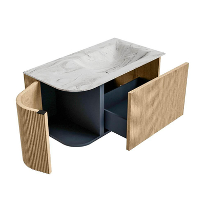 MONDIAZ KURVE-DLUX 85cm badmeubel met module 25 L kleur Oak met 1 lade en 1 deur. Wastafel CLOUD rechts zonder kraangat kleur Glace.