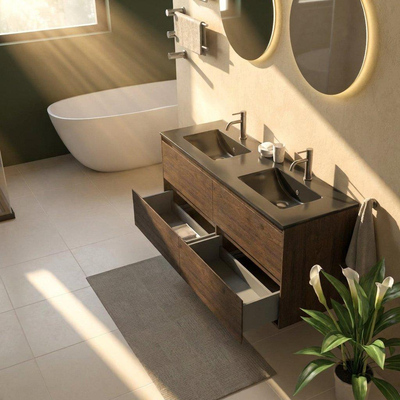 Saniclass Holz Pure Ensemble de meubles de salle de bains - 140x45x62cm - Lavabo Vygo en céramique noir - 2 vasques - 2 trous de robinet - 4 tiroirs - chêne charcoal mat (bois)