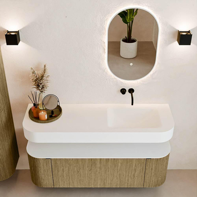 MONDIAZ THOR 140cm meuble de salle de bains arrondi gauche + droite couleur Dusk avec 1 tiroir et 2 portes. Vasque suspendue CLOUD Droite sans trou de robinet couleur Talc.