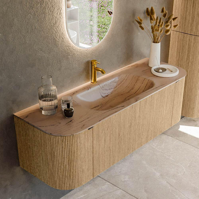 MONDIAZ KURVE-DLUX 140cm badmeubel ronding Links + Rechts kleur Oak met 1 lade en 2 deuren. Wastafel BIG SMALL Midden 1 kraangat Arena.