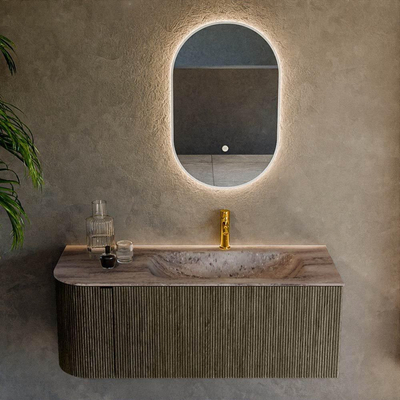 MONDIAZ KURVE-DLUX Meuble de salle de bains 115cm arrondi à gauche couleur Shadow avec 1 tiroir et 1 porte. Lavabo BIG SMALL à droite 1 trou de robinet Oza.