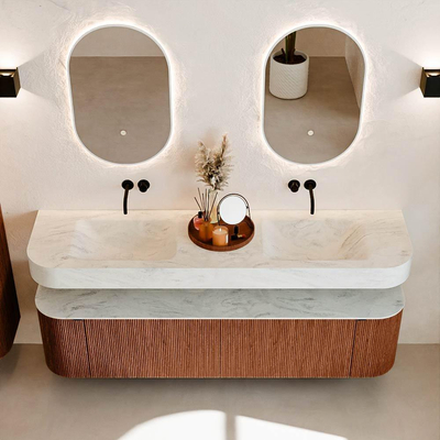 MONDIAZ THOR-DLUX 180cm meuble de salle de bains arrondi gauche + droite couleur Ruby avec 2 tiroirs et 2 portes. Vasque suspendue CLOUD Double sans trou de robinet couleur Opalo.