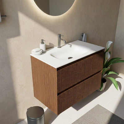 Saniclass Holz Atelier Ensemble meuble de salle de bains - 80x45x61.5cm - Flow lavabo en solid surface blanc - 1 vasque - 1 trou de robinetterie - 2 tiroirs - walnut pure mat (bois)