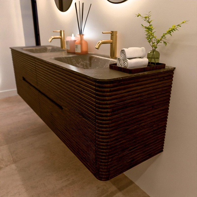 Mondiaz CIRO-DLUX Badkamermeubelset - 170x45x50cm - Solid surface wastafel Lava - 2 wasbak Dubbel - 2 kraangaten - 4 lades - Walnut