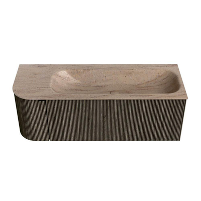 MONDIAZ KURVE-DLUX Meuble de salle de bains 125cm arrondi à gauche couleur Shadow avec 1 tiroir et 1 porte. Lavabo BIG MEDIUM à droite sans trou de robinet Saba.