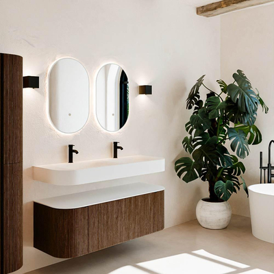 MONDIAZ THOR 130cm meuble de salle de bains arrondi gauche + droite couleur Walnut avec 1 tiroir et 2 portes. Vasque suspendue CLOUD Double 2 trous de robinet couleur Talc.