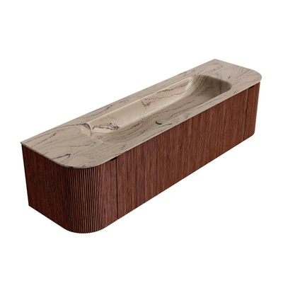 MONDIAZ KURVE-DLUX Meuble de salle de bains 170cm arrondi gauche + droite couleur Ruby avec 1 tiroir et 2 portes. Lavabo BIG LARGE central 2 trous de robinet Arena.