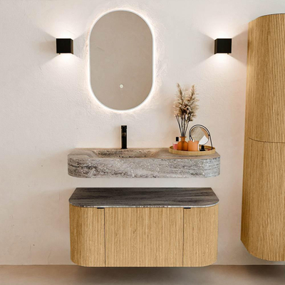 MONDIAZ THOR-DLUX 100cm badmeubel ronding links + rechts kleur Oak met 1 lade en 2 deuren. Vrijhangende wastafel CLOUD Links 1 kraangat kleur Oza.