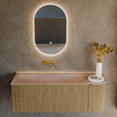 MONDIAZ KURVE-DLUX meuble de salle de bains 125cm arrondi à droite couleur Dusk avec 1 tiroir et 1 porte. Lavabo BIG MEDIUM à gauche sans trou de robinet Saba.