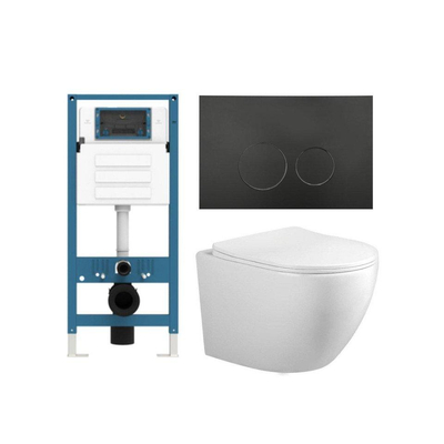 FugaFlow Eccelente Press – Ensemble WC – 56 × 38 × 35 cm – à évacuation profonde – sans bride – réservoir encastré – fermeture amortie (soft-close) – déclipsage rapide (quick release) – abattant WC – plaque de commande métallique noir mat – boutons ronds