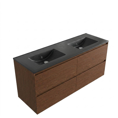 Saniclass Holz Pure Ensemble de meubles de salle de bains - 140x45x62cm - lavabo Vygo en céramique noir - 2 vasques - sans trous de robinetterie - 4 tiroirs - walnut pure mat (bois)