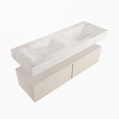 Mondiaz ALAN-DLUX Ensemble de meuble - 130cm - meuble Linen mat - 2 tiroirs - Lavabo Cloud Ostra suspendu - vasque Gauche et droite - 2 trous de robinet