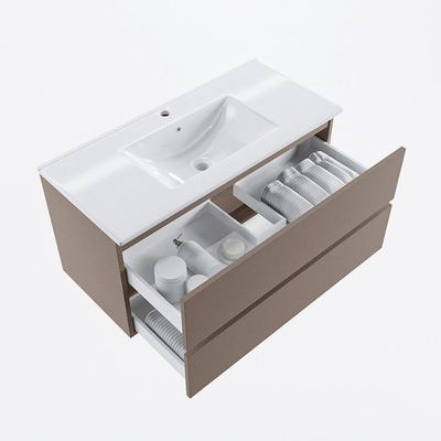 Mondiaz VICA Ensemble de meuble de salle de bain - 100cm - meuble sous-vasque fumée - 2 tiroirs - lavabo denia milieu - 1 trou de robinet - version haute 60cm - blanc brillant