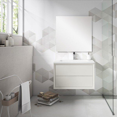 Saniclass Prime Core Ensemble meuble de salle de bains - 80x50x45cm - 1 vasque rectangulaire en céramique blanche - 1 trou de robinet - 2 tiroirs - miroir rectangulaire - mat cotton (beige)