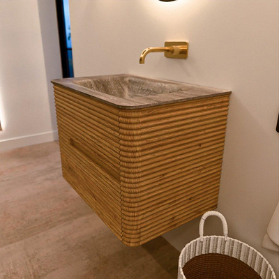 Mondiaz CIRO-DLUX Ensemble de meubles de salle de bains - 70x45x50cm - lavabo en solid surface Oza - 1 vasque au milieu - sans trous de robinet - 2 tiroirs - Chêne